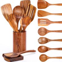 Mooues Wooden Kitchen Utensil Set, 9 Piece Natural Teak with Spoon Rest 